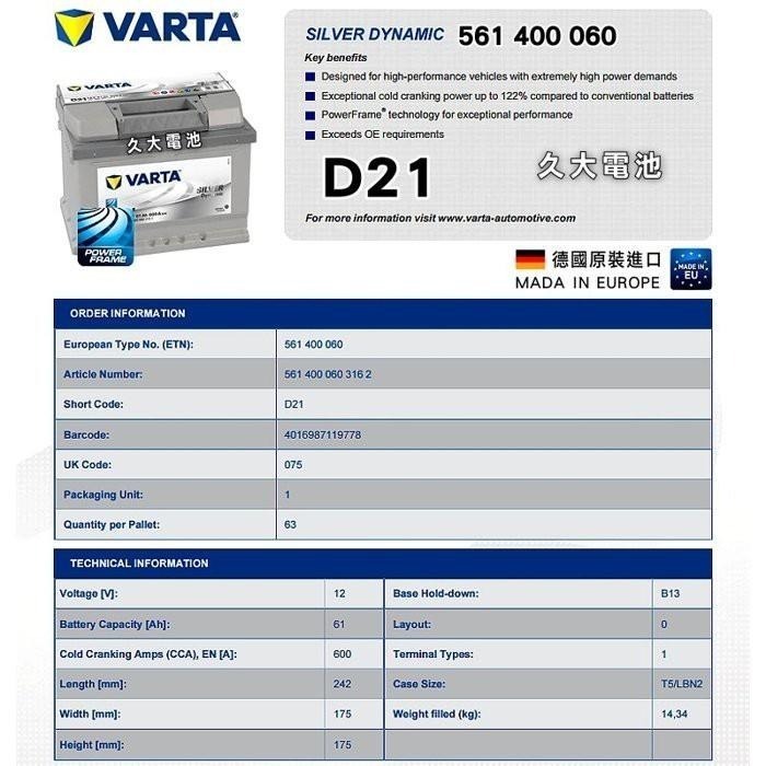 ✚久大電池❚ 德國進口 VARTA D21 61Ah Fiesta / Focus 1.6 2.0 DIY價-細節圖2