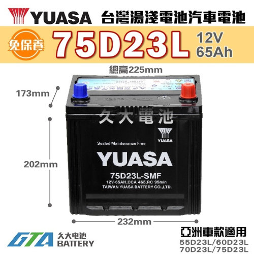 ✚久大電池❚ YUASA 湯淺電池 75D23L SMF 完全免保養 汽車電瓶 汽車電池