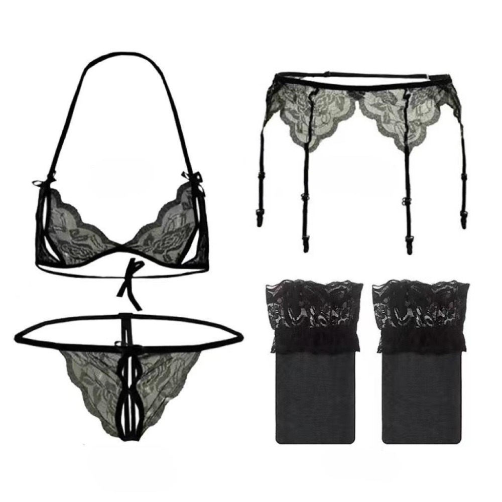 ✨新賣場衝銷量✨ 三件套情趣內衣 性感內衣 蕾絲情趣內衣 吊帶襪 絲襪 網襪 開檔褲 開襠免脫 蕾絲 OL免脫 025-細節圖2