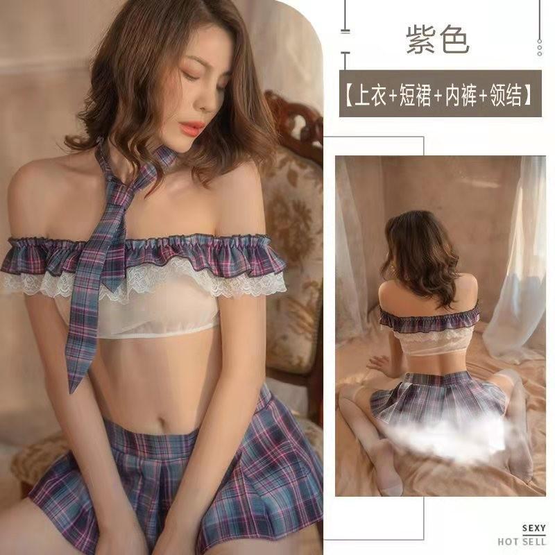 *Bueaty*情趣內衣學生裝JK制服百褶裙純欲風壹字肩抹胸學姐大碼女套裝1827WYTS-細節圖6