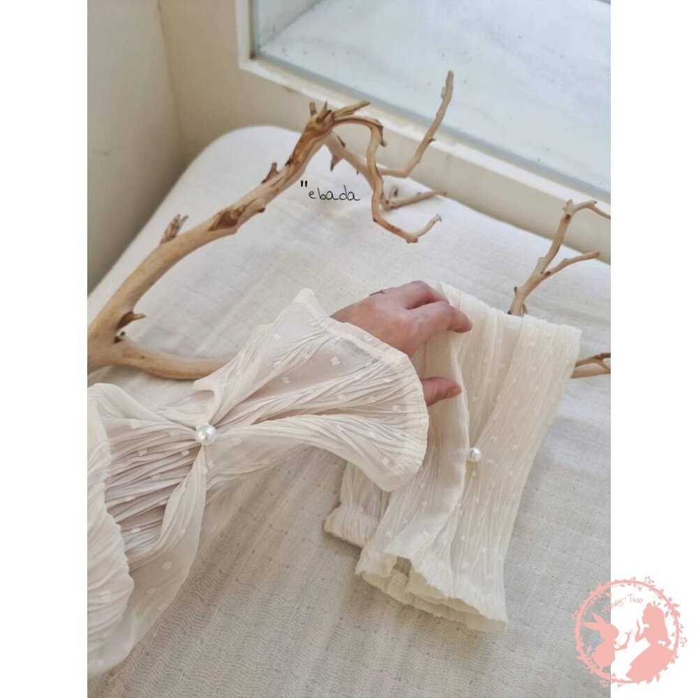 韓國新品 甜美點點蕾絲珍珠防曬 手袖 防曬袖套 女蕾絲冰爽防曬 冰絲袖子開車薄款長款手臂套-細節圖2