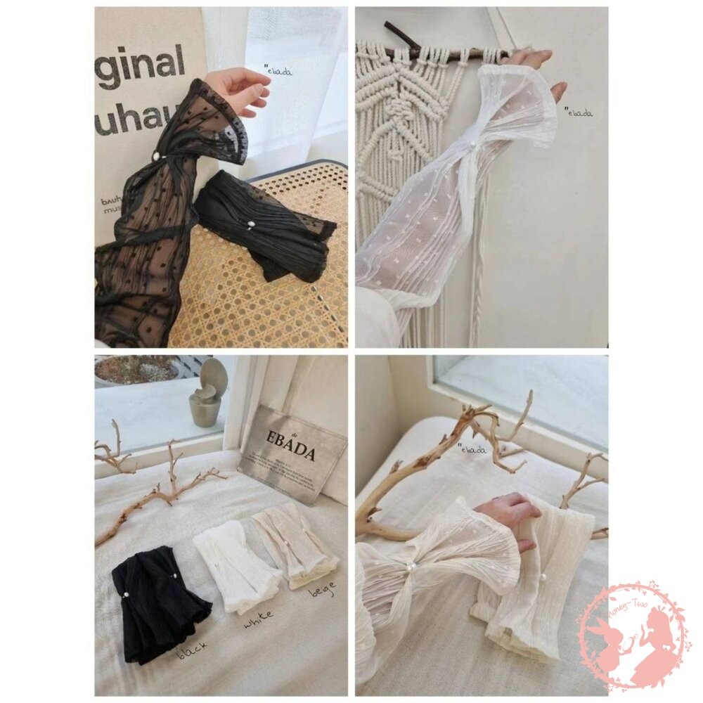 韓國新品 甜美點點蕾絲珍珠防曬 手袖 防曬袖套 女蕾絲冰爽防曬 冰絲袖子開車薄款長款手臂套-細節圖3