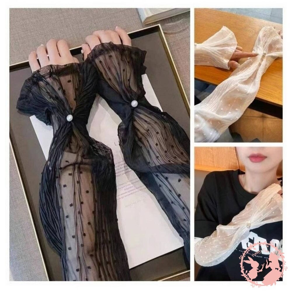 韓國新品 甜美點點蕾絲珍珠防曬 手袖 防曬袖套 女蕾絲冰爽防曬 冰絲袖子開車薄款長款手臂套-細節圖6