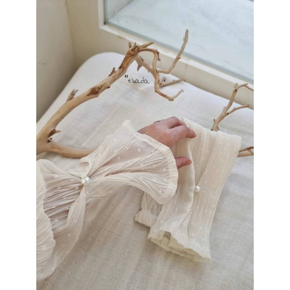 韓國新品 甜美點點蕾絲珍珠防曬 手袖 防曬袖套 女蕾絲冰爽防曬 冰絲袖子開車薄款長款手臂套-規格圖1