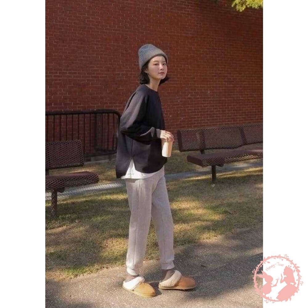 韓國 圓領素色刷毛側開岔衞衣-細節圖3