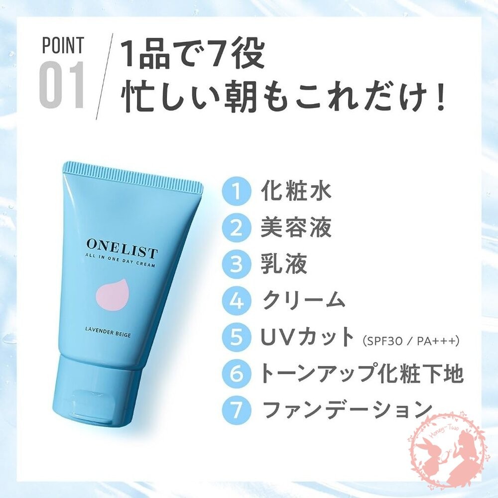 日本製 新品上市 ONELIST 裸肌感素顏粉底日霜(薰衣草米）45G  七合一 美容液 乳液 面霜 防紫外線 底妝 粉-細節圖10