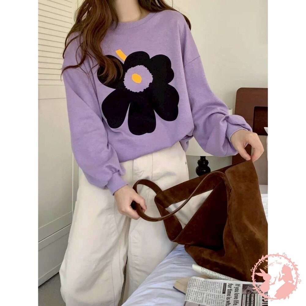 韓國新品 花卉印花寬鬆圓領大學T 韓國原裝進口 韓國制-細節圖2