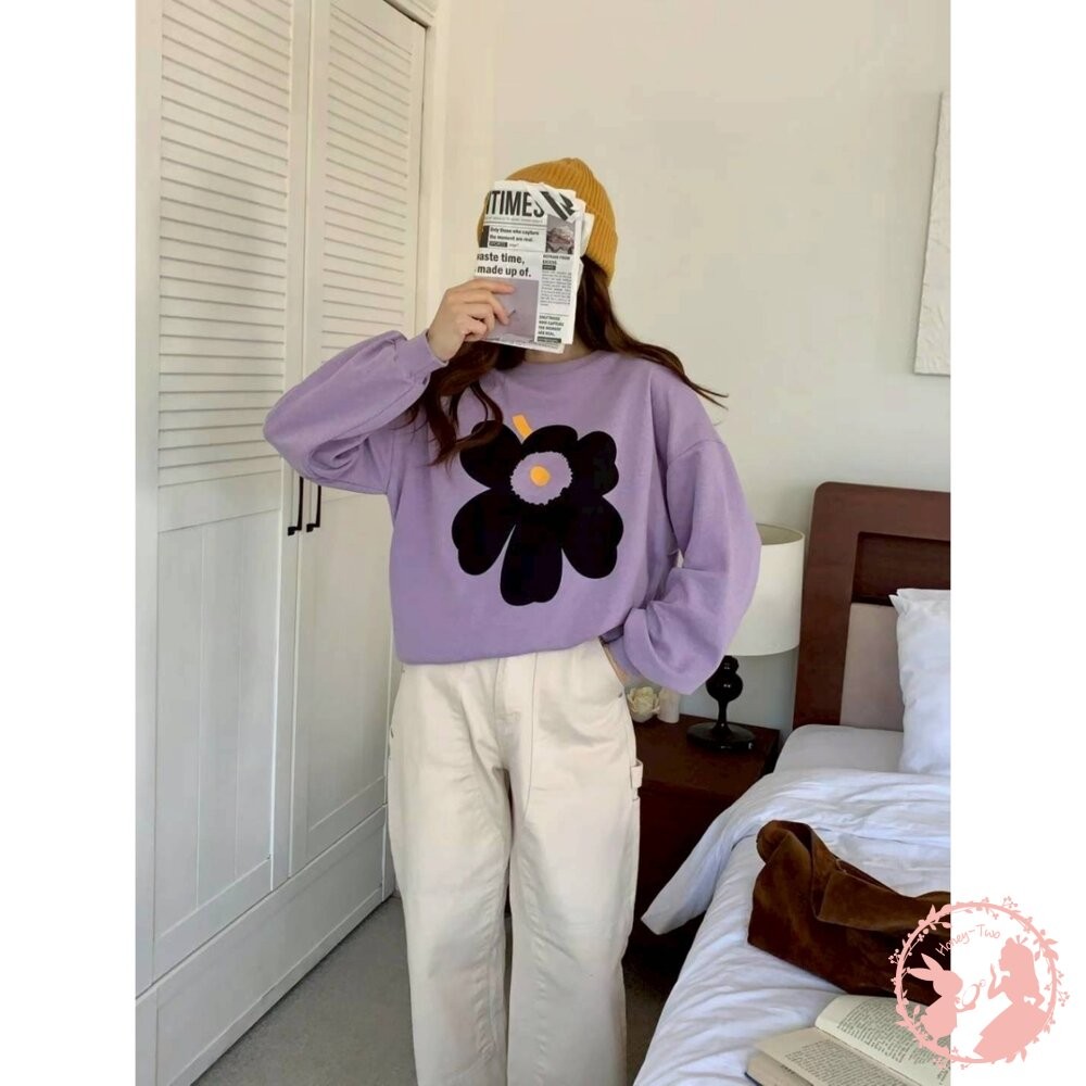 韓國新品 花卉印花寬鬆圓領大學T 韓國原裝進口 韓國制-細節圖4