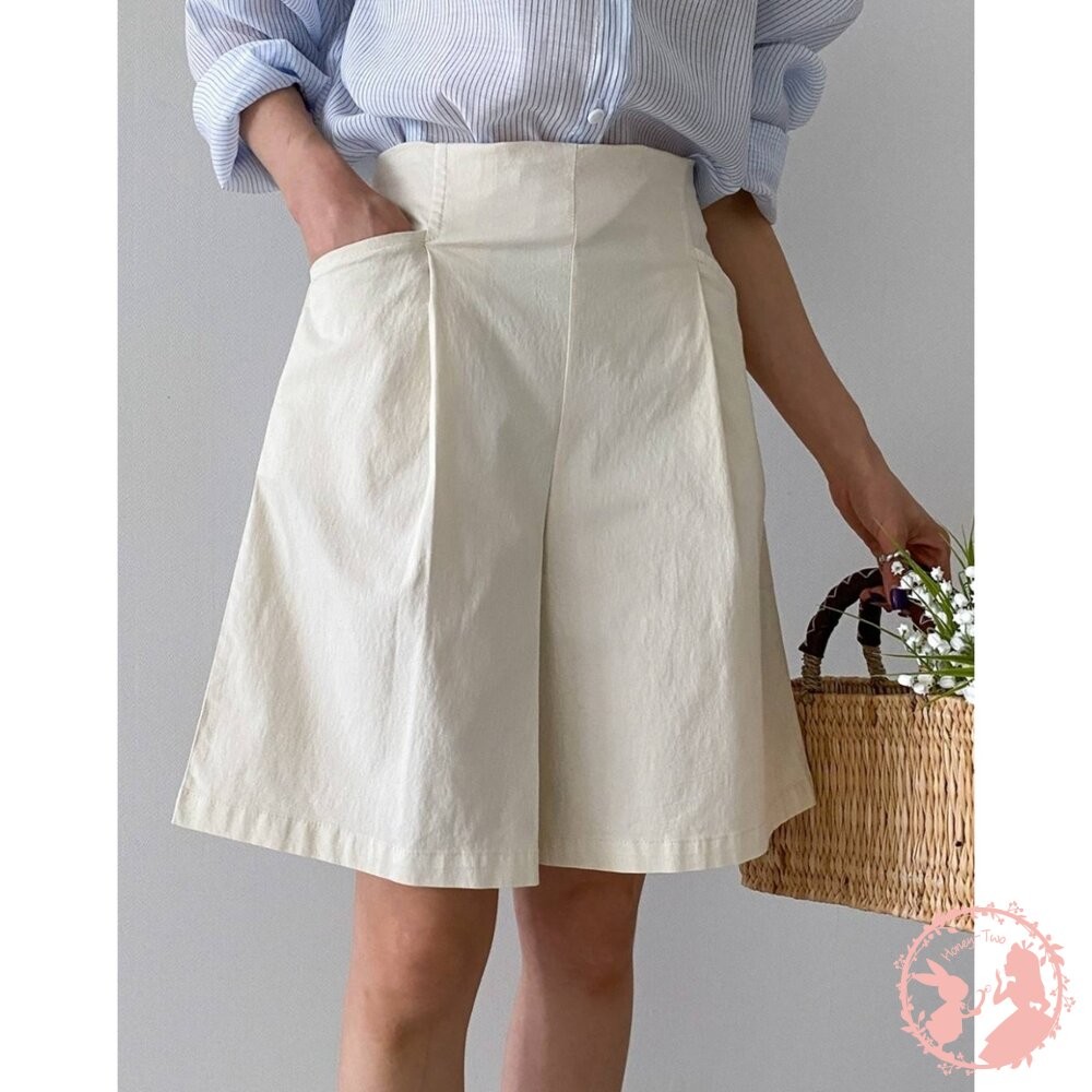 韓國新品 高腰直筒打褶鬆緊五分褲-細節圖3