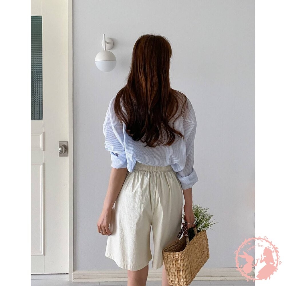 韓國新品 高腰直筒打褶鬆緊五分褲-細節圖4