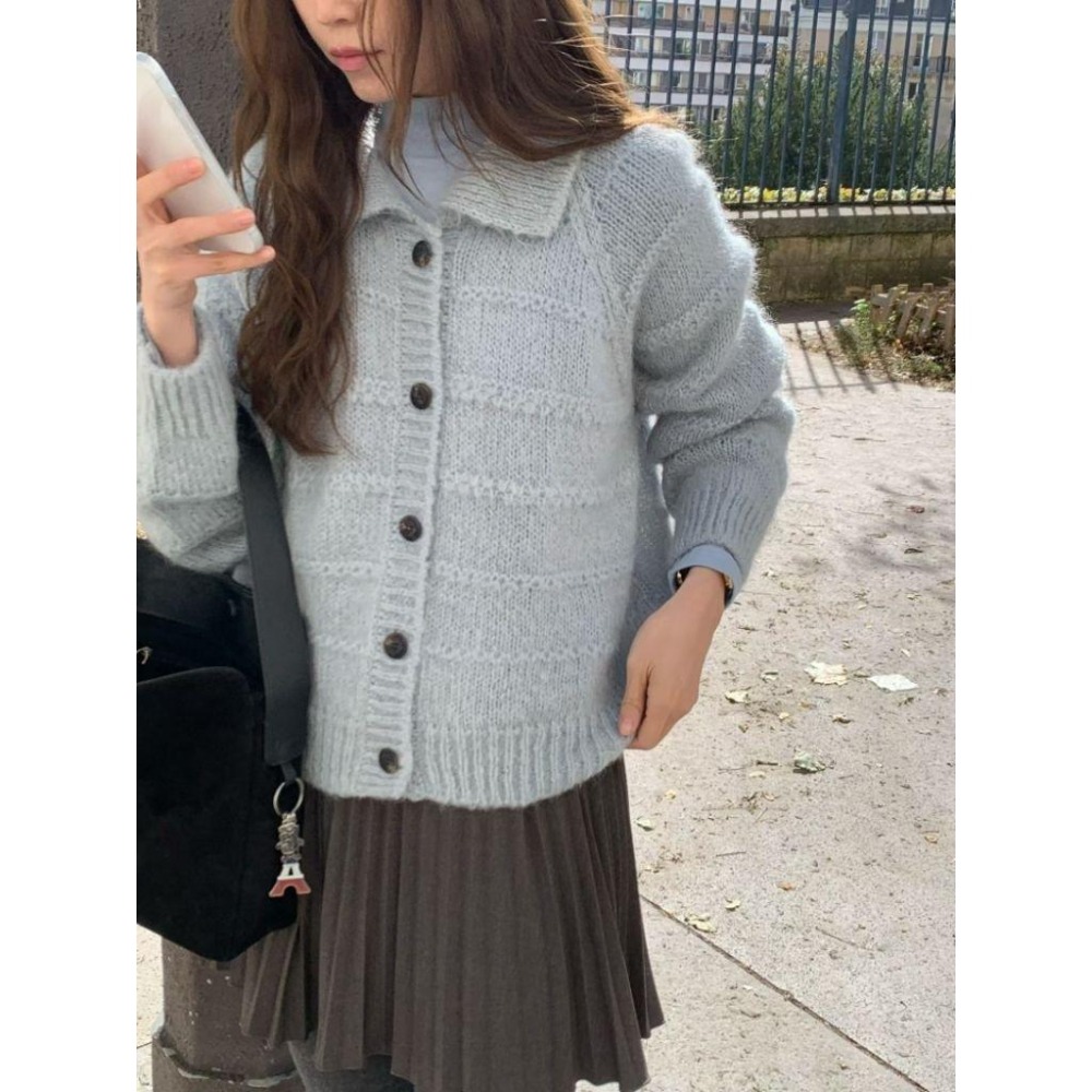 ✨️Korinana🇰🇷預購 正韓東大門代購 VENIR 慵懶氣質馬海毛×羊毛混紡翻領針織外套｜軟糯顯瘦｜開襟毛衣｜軟萌-細節圖3