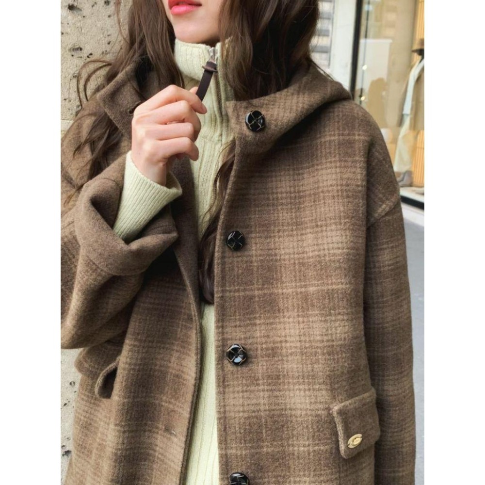 ✨️Korinana🇰🇷預購 正韓東大門VENIR 雙面兩穿連帽外套 97%handmade手工羊毛 格紋×素色｜秋冬-細節圖3