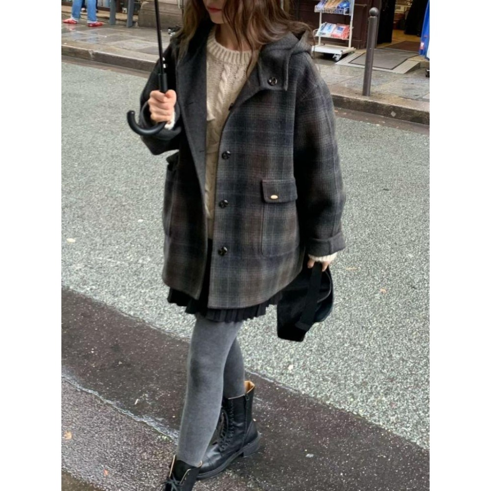 ✨️Korinana🇰🇷預購 正韓東大門VENIR 雙面兩穿連帽外套 97%handmade手工羊毛 格紋×素色｜秋冬-細節圖5