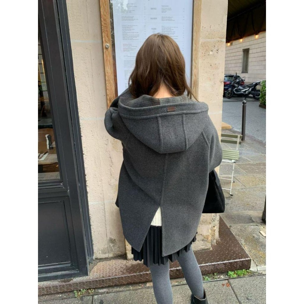 ✨️Korinana🇰🇷預購 正韓東大門VENIR 雙面兩穿連帽外套 97%handmade手工羊毛 格紋×素色｜秋冬-細節圖6