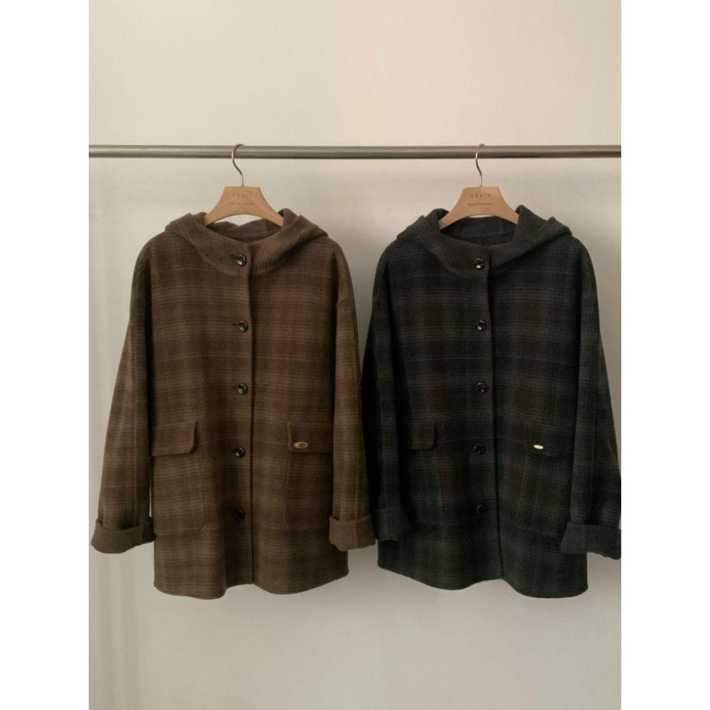 ✨️Korinana🇰🇷預購 正韓東大門VENIR 雙面兩穿連帽外套 97%handmade手工羊毛 格紋×素色｜秋冬-細節圖7