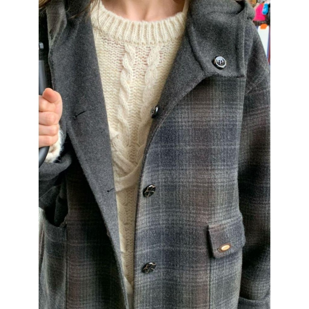 ✨️Korinana🇰🇷預購 正韓東大門VENIR 雙面兩穿連帽外套 97%handmade手工羊毛 格紋×素色｜秋冬-細節圖9