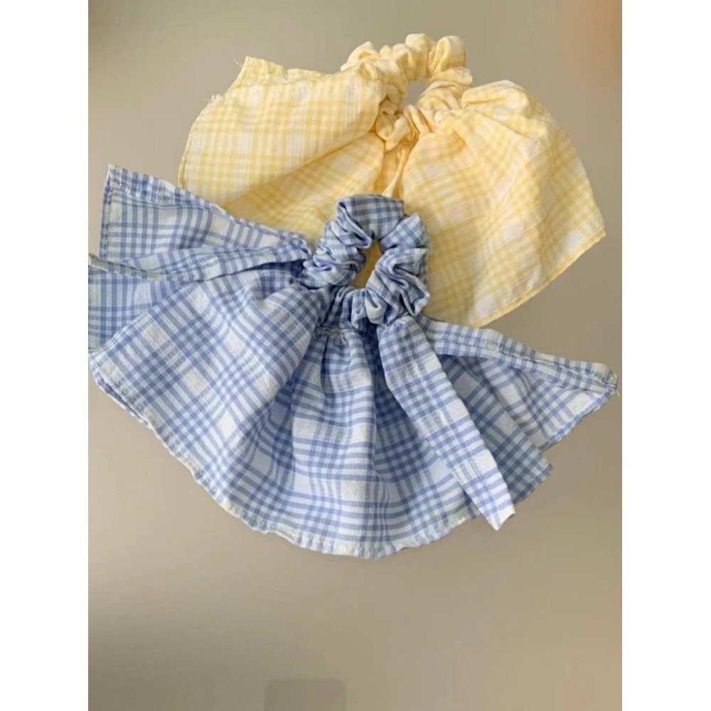 ✨️Korinana🇰🇷正韓東大門Earlobe｜現貨+預購｜清新鄉村風格紋雙層大腸髮圈（黃／藍）韓國流行髮飾代購-細節圖2