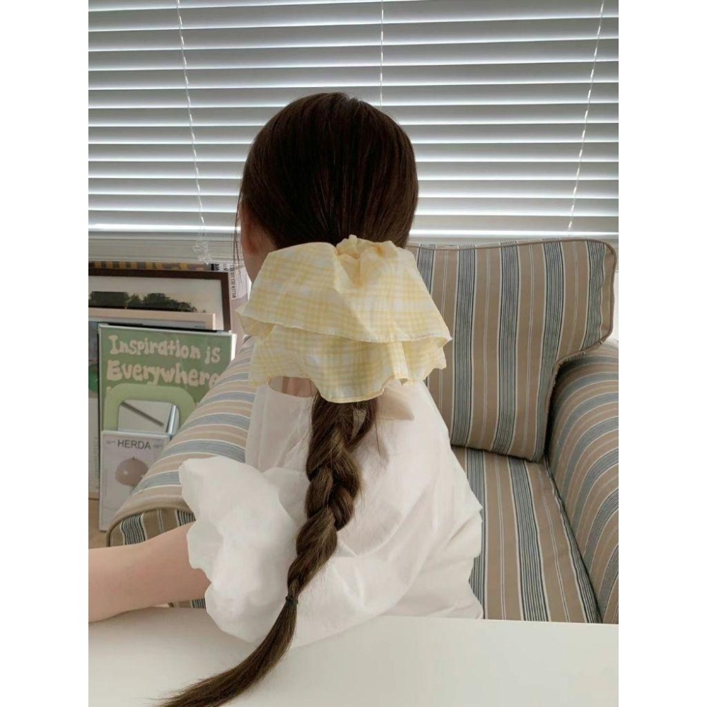 ✨️Korinana🇰🇷正韓東大門Earlobe｜現貨+預購｜清新鄉村風格紋雙層大腸髮圈（黃／藍）韓國流行髮飾代購-細節圖3