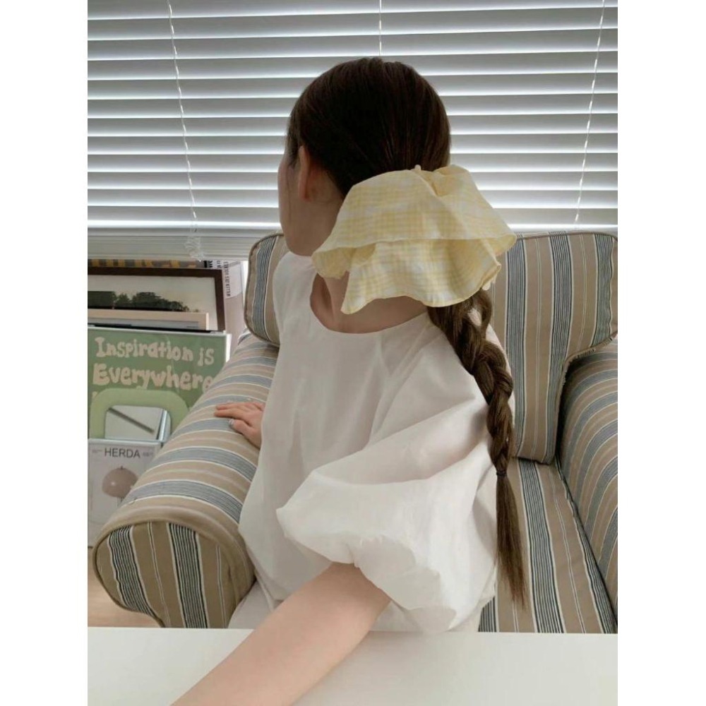 ✨️Korinana🇰🇷正韓東大門Earlobe｜現貨+預購｜清新鄉村風格紋雙層大腸髮圈（黃／藍）韓國流行髮飾代購-細節圖5