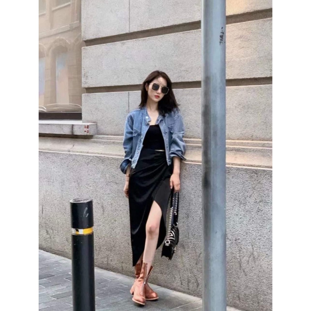 格性腰帶牛仔外套-細節圖2