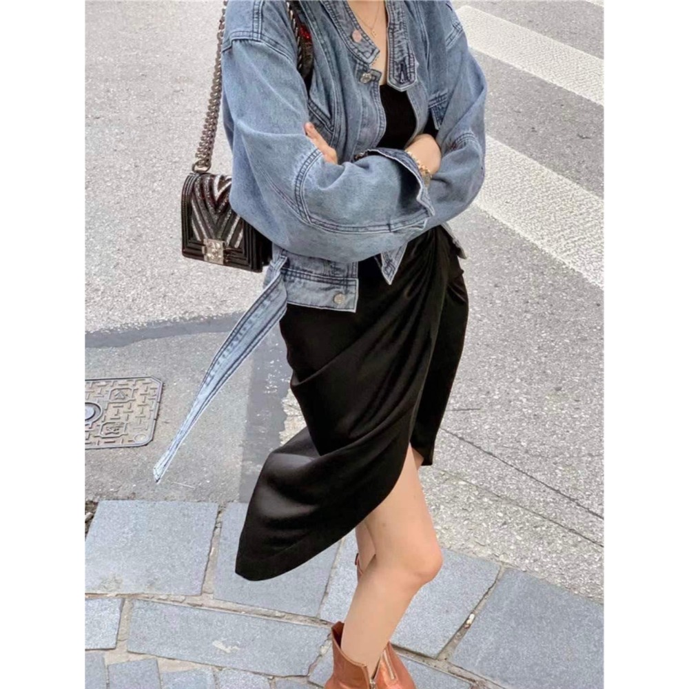 格性腰帶牛仔外套-細節圖3