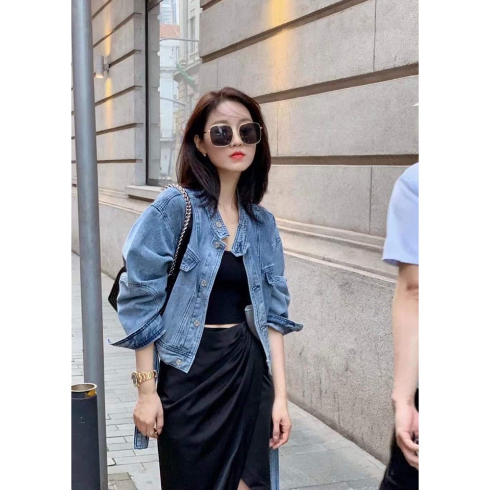 格性腰帶牛仔外套-細節圖4