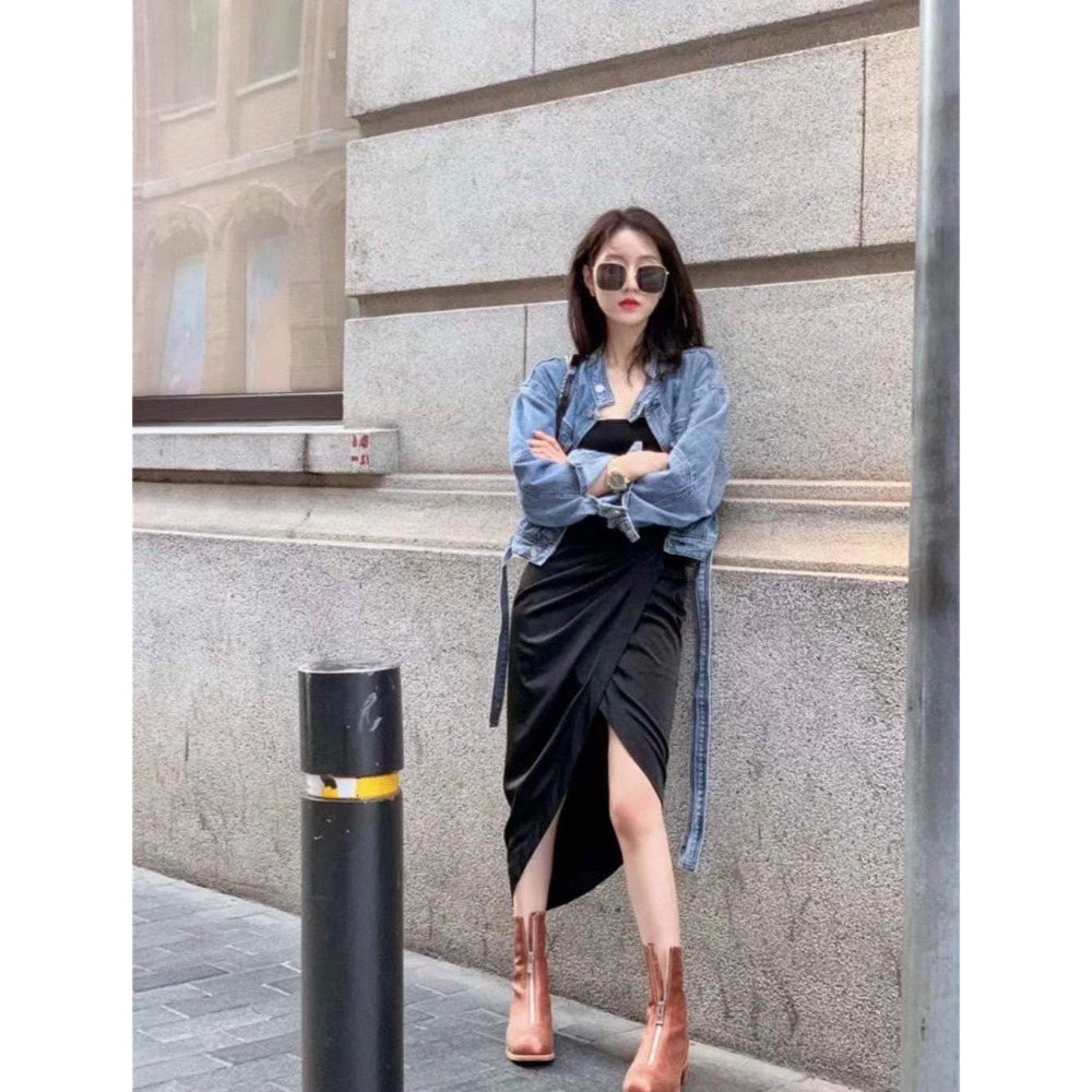 格性腰帶牛仔外套-細節圖5