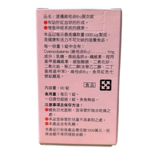 人生製藥 渡邊維他命B12膜衣錠 60錠/盒-細節圖2