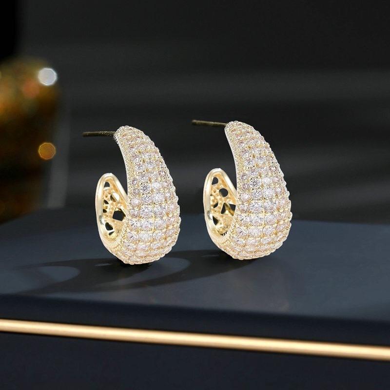 《真愛鍊Cherish》微鑲滿鋯石工藝 精緻工藝耳環 弧度造型立體精緻 耳針S925銀耳針韓版耳環-細節圖2