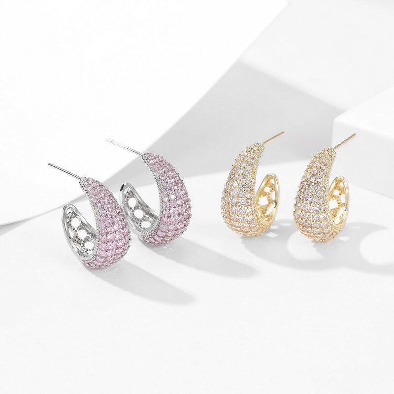 《真愛鍊Cherish》微鑲滿鋯石工藝 精緻工藝耳環 弧度造型立體精緻 耳針S925銀耳針韓版耳環-細節圖5