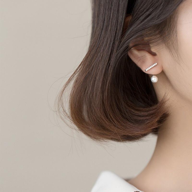 《真愛鍊Cherish 》S925通體純銀耳環 簡約一字形前後設計 搭配貝珠時尚造型 銀樓銀飾-細節圖3