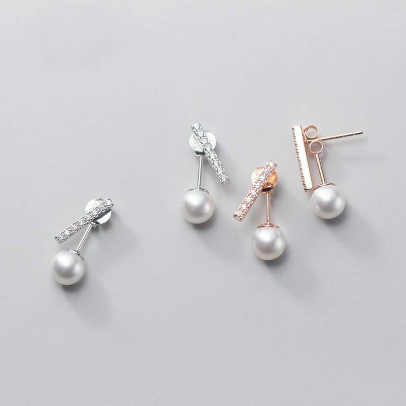 《真愛鍊Cherish 》S925通體純銀耳環 簡約一字形前後設計 搭配貝珠時尚造型 銀樓銀飾-細節圖4