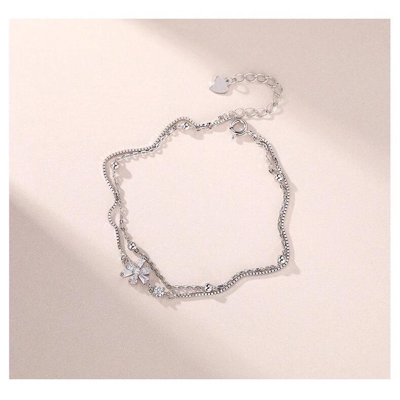 《真愛鍊Cherish》S925通體純銀手鍊 雙層鋯石櫻花造型，盒子鍊搭配十字鍊 銀飾銀樓 玫瑰金色-細節圖4