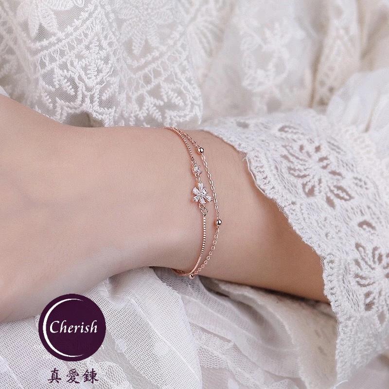 《真愛鍊Cherish》S925通體純銀手鍊 雙層鋯石櫻花造型，盒子鍊搭配十字鍊 銀飾銀樓 玫瑰金色-細節圖5