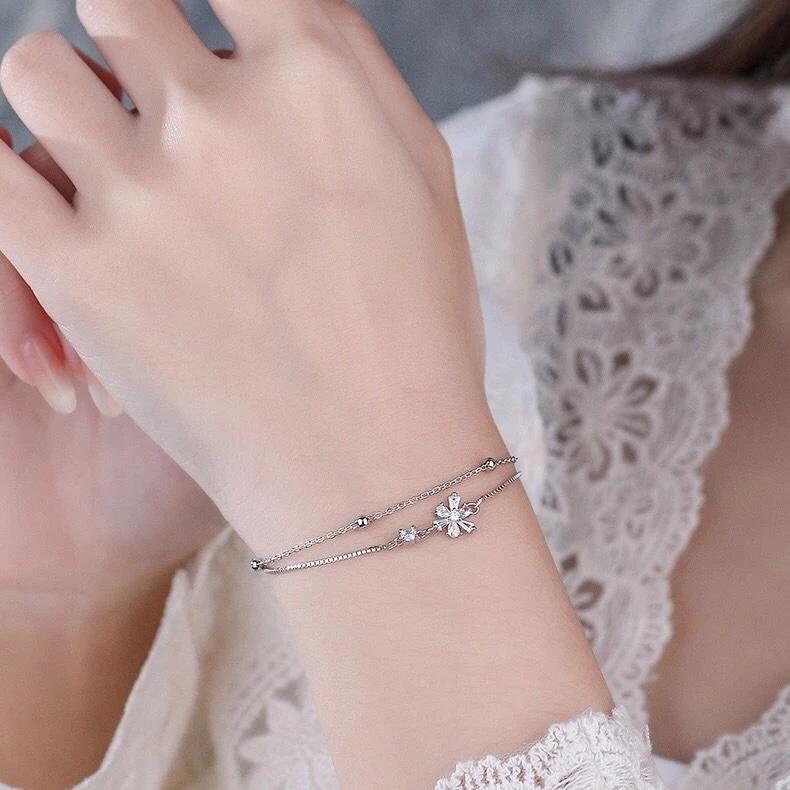 《真愛鍊Cherish》S925通體純銀手鍊 雙層鋯石櫻花造型，盒子鍊搭配十字鍊 銀飾銀樓 玫瑰金色-細節圖7