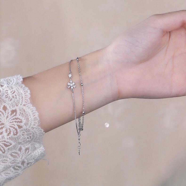 《真愛鍊Cherish》S925通體純銀手鍊 雙層鋯石櫻花造型，盒子鍊搭配十字鍊 銀飾銀樓 玫瑰金色-細節圖8