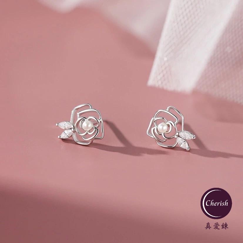 《真愛鍊Cherish 》S999通體足銀純銀耳環 微鑲鋯石山茶花造型鏤空氣質設計 銀樓銀飾-細節圖3