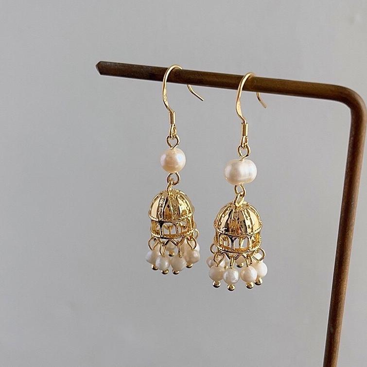 《真愛鍊Cherish》天然珍珠流蘇耳環耳鉤S925純銀耳鉤  天然淡水珠不規則紋路米珠 風鈴樣式耳環-細節圖3