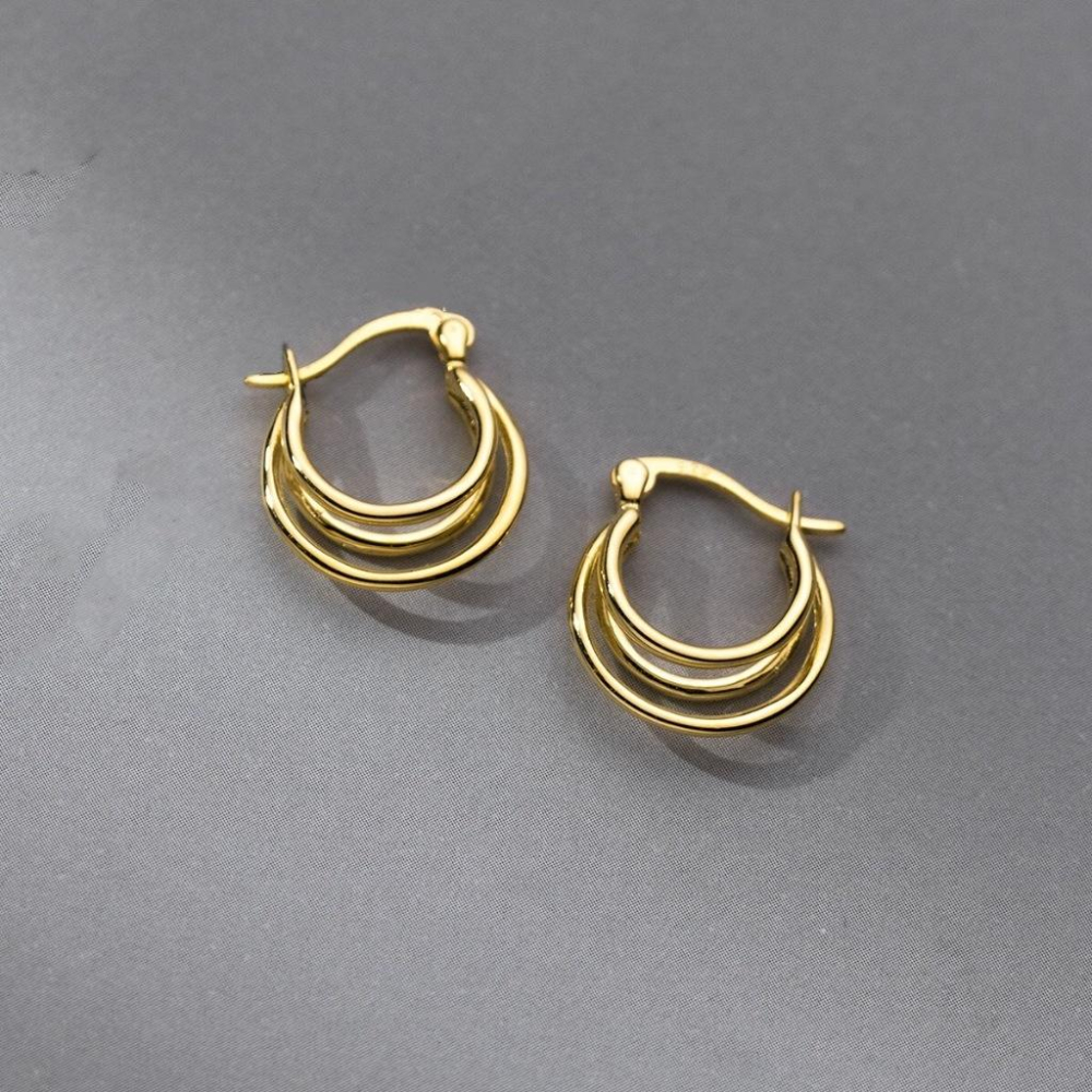 《真愛鍊Cherish 》S925通體純銀耳扣耳環 三層線條圓形時尚設計 耳圈圈圈耳環 通體純銀耳圈 銀樓銀飾-細節圖2