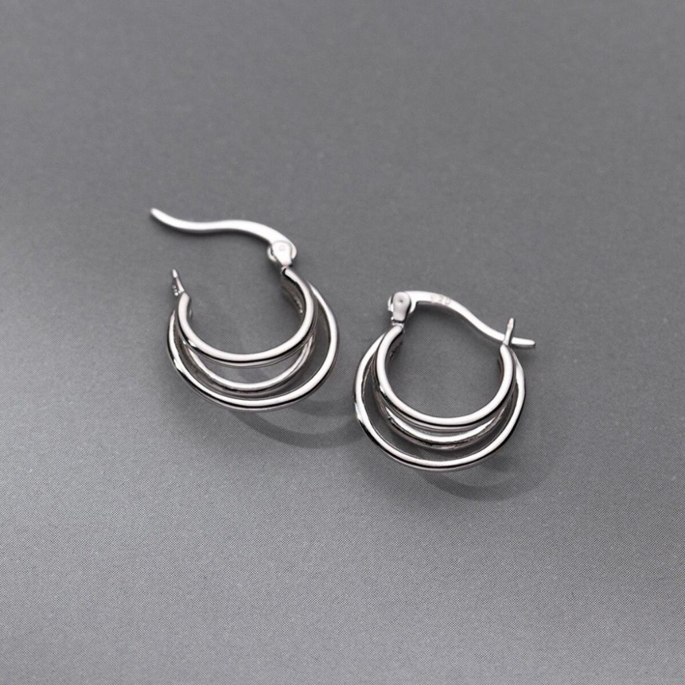 《真愛鍊Cherish 》S925通體純銀耳扣耳環 三層線條圓形時尚設計 耳圈圈圈耳環 通體純銀耳圈 銀樓銀飾-細節圖3