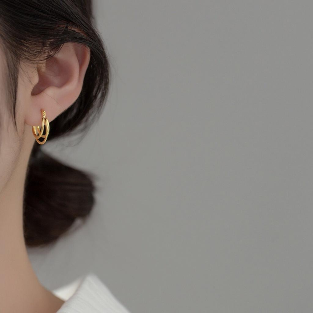 《真愛鍊Cherish 》S925通體純銀耳扣耳環 三層線條圓形時尚設計 耳圈圈圈耳環 通體純銀耳圈 銀樓銀飾-細節圖4