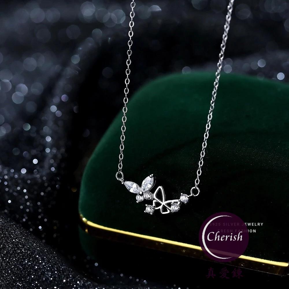 《真愛鍊Cherish》S925通體純銀項鍊 用雙蝴蝶所設計的鋯石精緻項鍊輕奢款 銀飾銀樓鋯石-細節圖3