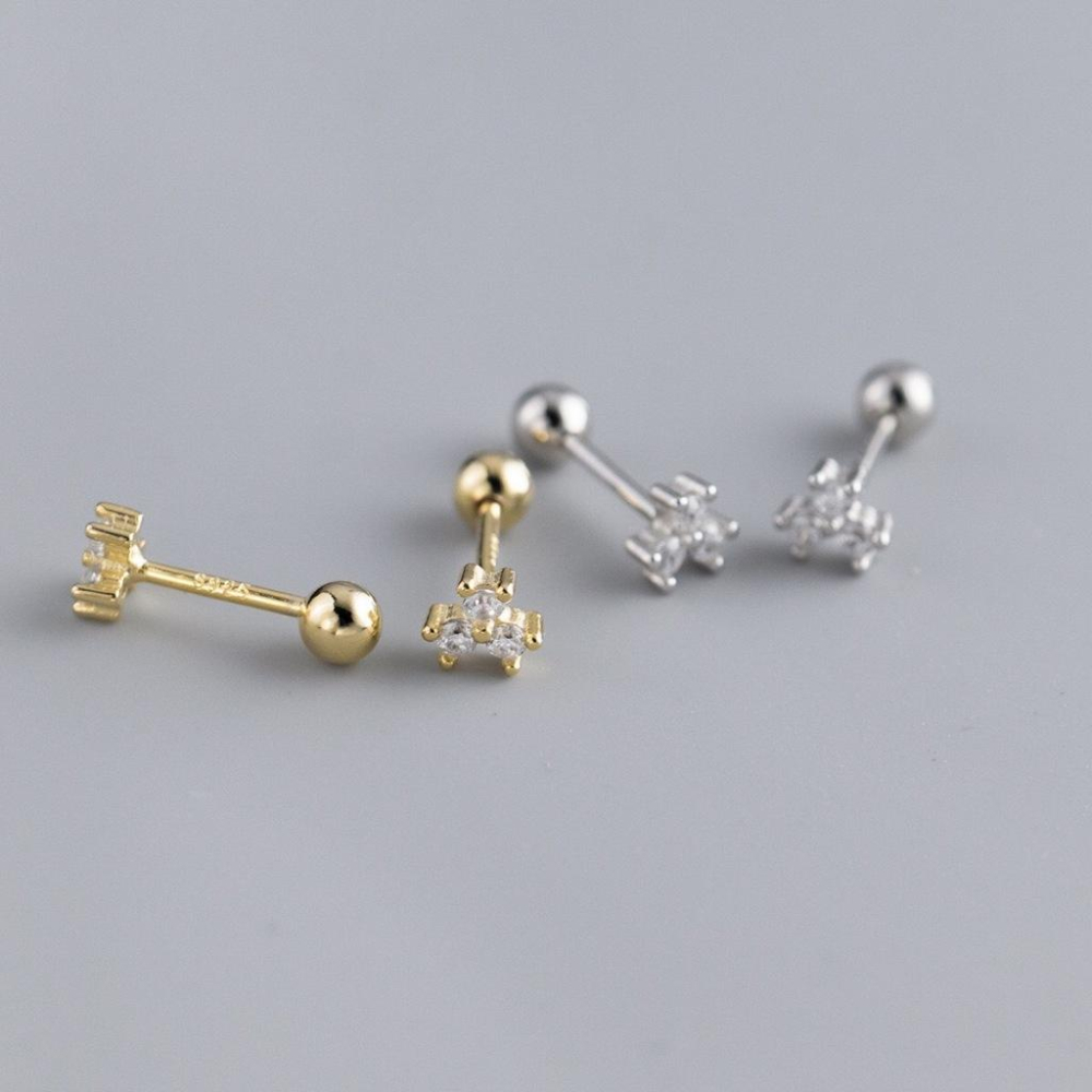 《真愛鍊Cherish 》S925通體純銀轉珠鎖珠耳環 三片花鋯石螺絲螺紋花瓣鋯石 銀樓銀飾-細節圖2