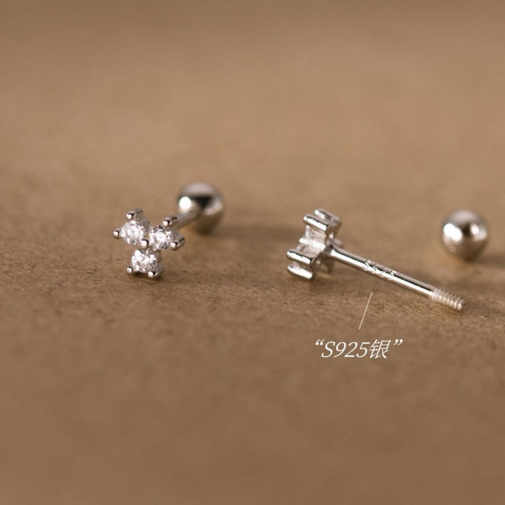 《真愛鍊Cherish 》S925通體純銀轉珠鎖珠耳環 三片花鋯石螺絲螺紋花瓣鋯石 銀樓銀飾-細節圖5