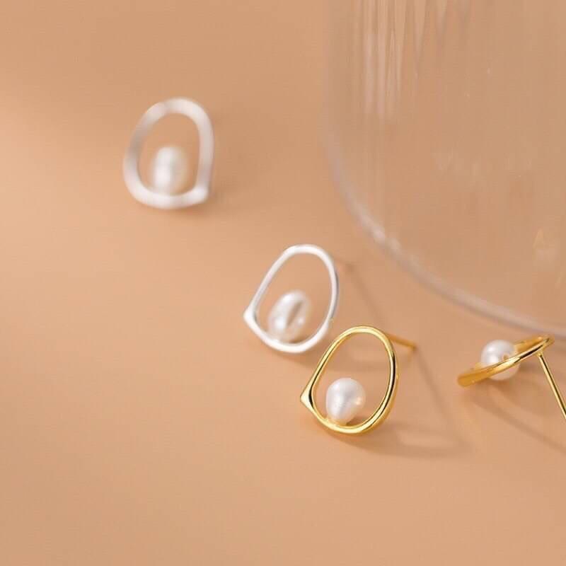 《真愛鍊Cherish 》S925通體純銀耳環 天然淡水珠 氣質鏤空幾何造型 天然珍珠 氣質 上班日常配戴-細節圖2