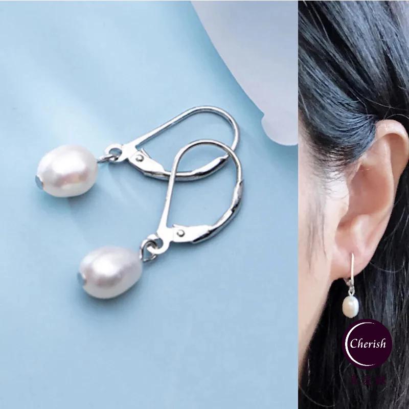 《真愛鍊Cherish 》S925純銀天然珍珠耳環 耳扣造型天然淡水珠耳環 純銀耳圈 圈圈耳環 彈簧耳扣-細節圖2