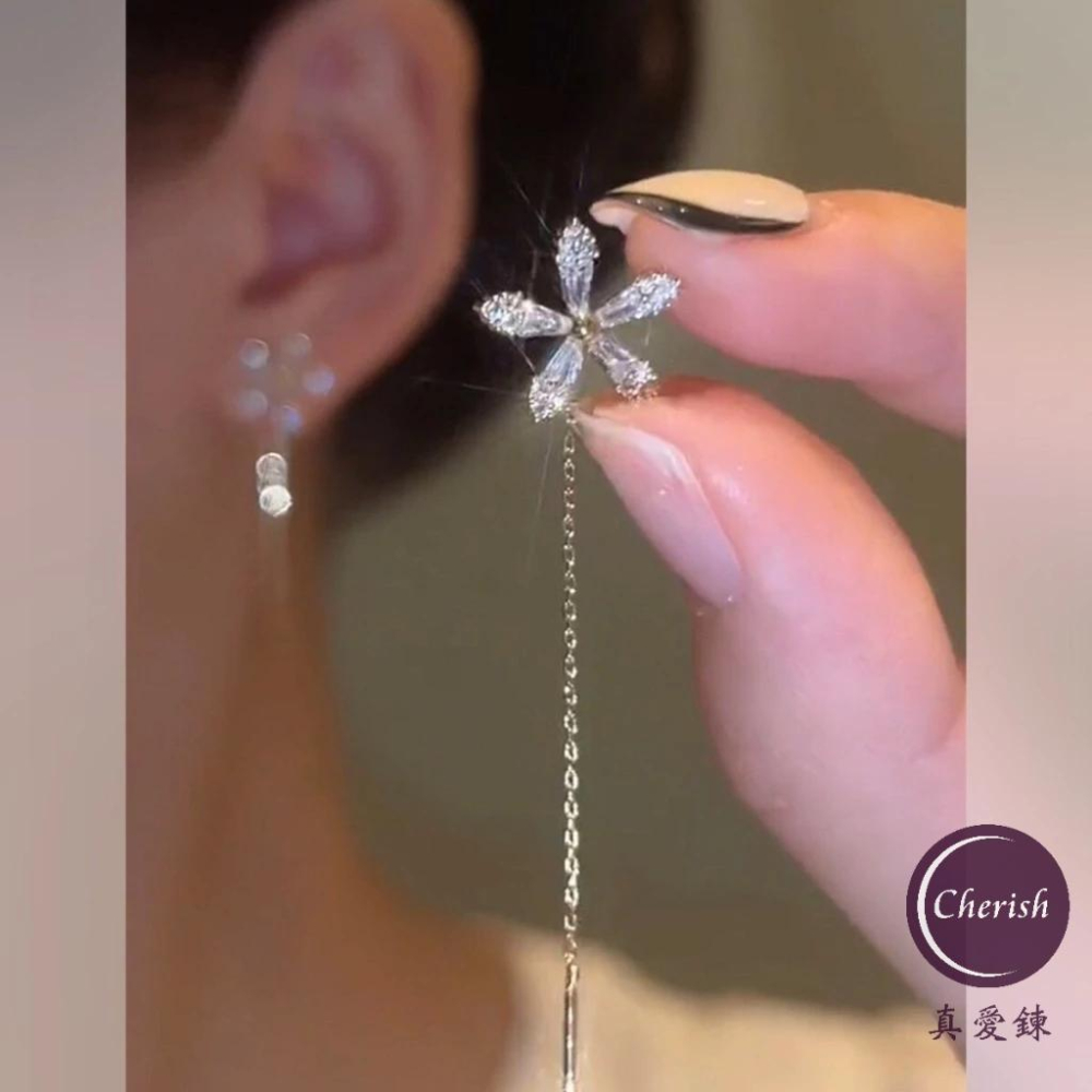 《真愛鍊Cherish》S925通體純銀耳環耳線款  微鑲鋯石花朵造型流蘇 時尚流行 韓版 清新-細節圖2