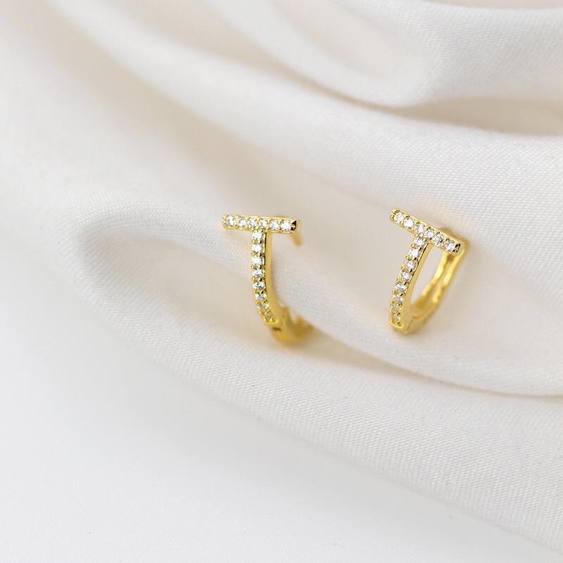 《真愛鍊Cherish 》S925通體純銀耳扣耳環 T字圈圈耳環 鑽圈耳環 耳扣耳環 鑲鑽鋯石耳環 韓版耳圈-細節圖2