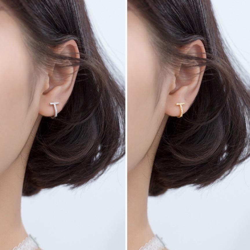 《真愛鍊Cherish 》S925通體純銀耳扣耳環 T字圈圈耳環 鑽圈耳環 耳扣耳環 鑲鑽鋯石耳環 韓版耳圈-細節圖4