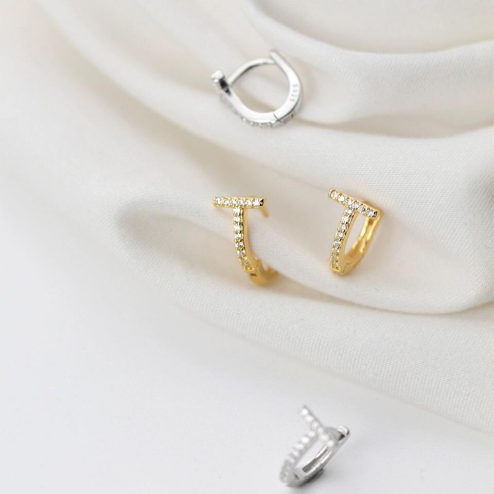 《真愛鍊Cherish 》S925通體純銀耳扣耳環 T字圈圈耳環 鑽圈耳環 耳扣耳環 鑲鑽鋯石耳環 韓版耳圈-細節圖5